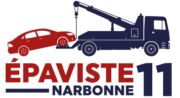 Logo Épaviste et ferrailleur Narbonne avec dépanneuse bleue remorquant voiture rouge, couleurs rouge et bleu contrastées,